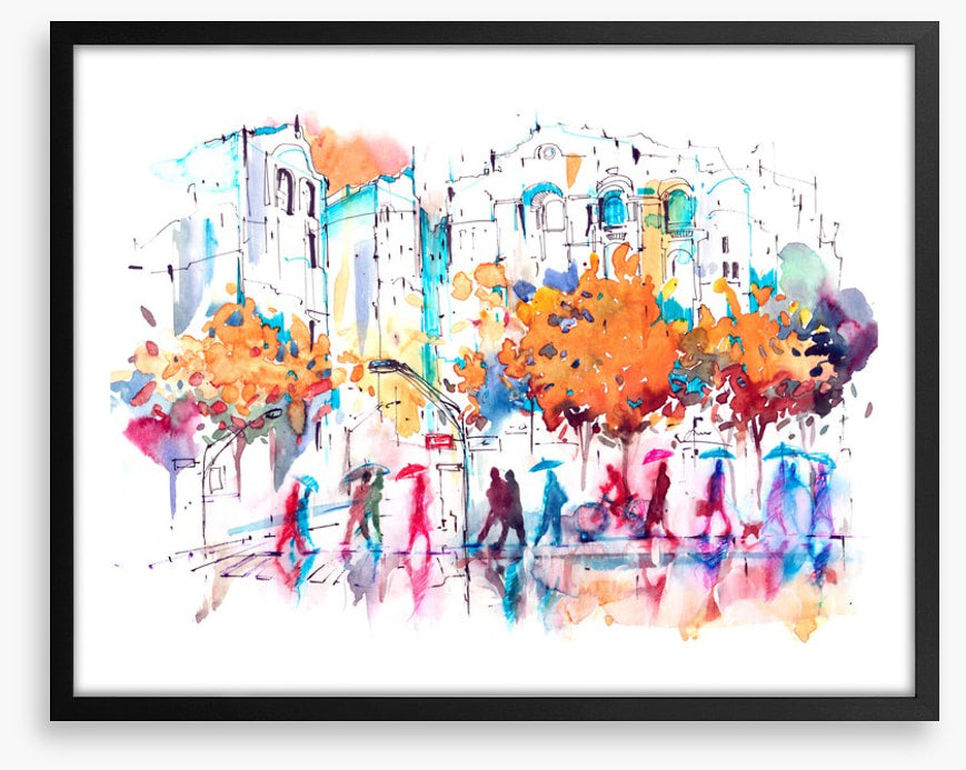 Autumn city rain