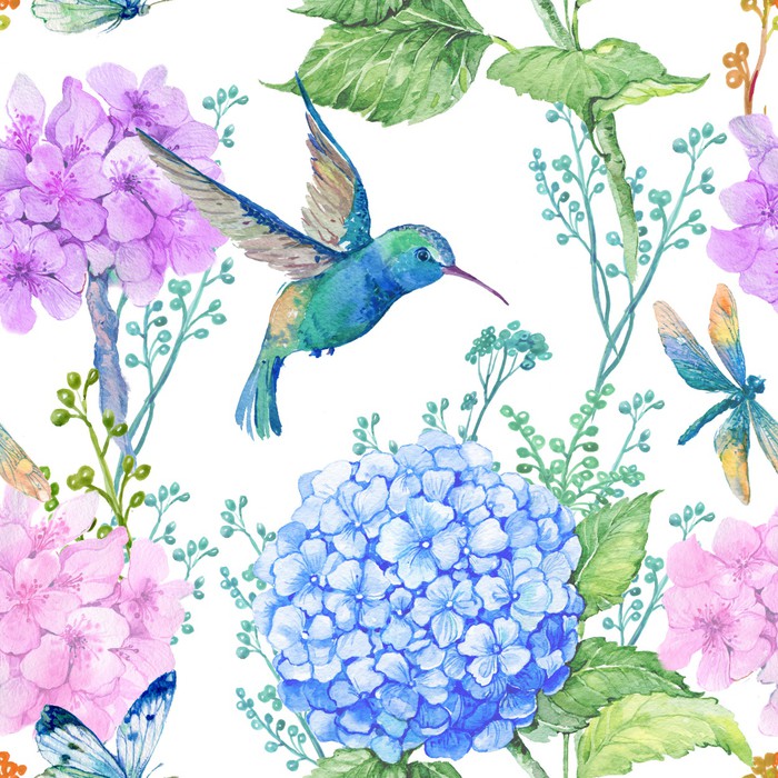 Hummingbird Hydrangeas | Stretched Canvas – Wall Art Prints