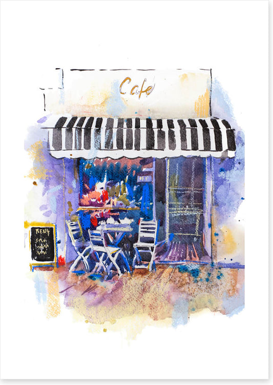 Under the striped awning