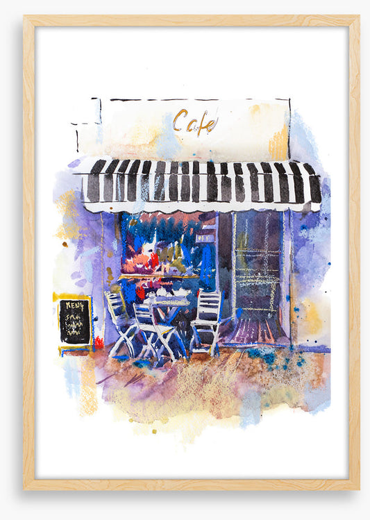 Under the striped awning