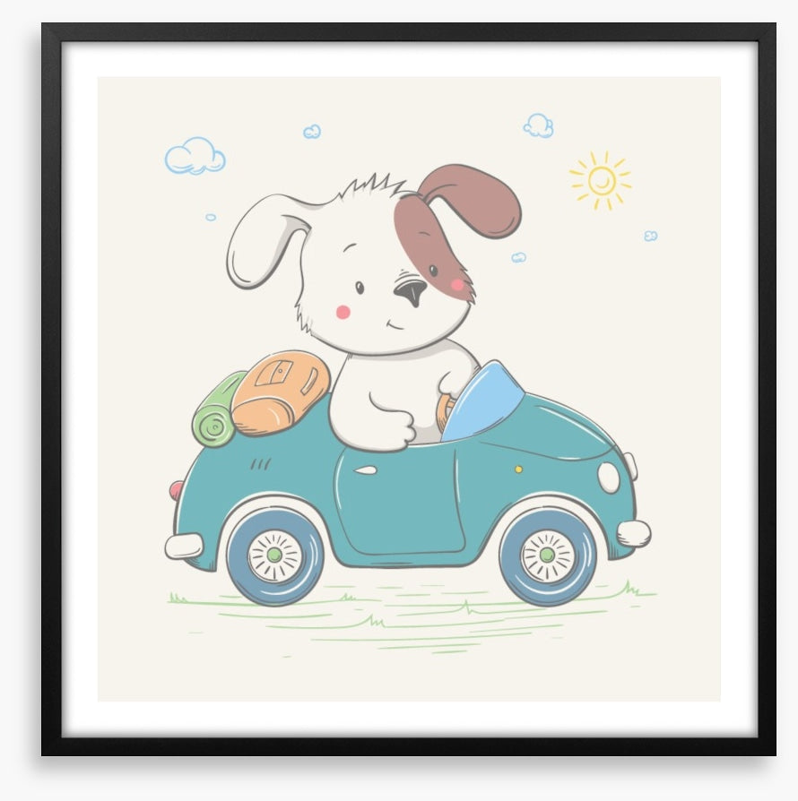 Puppy drives the car