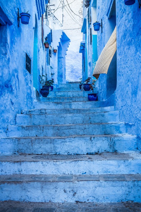 Below the blue steps