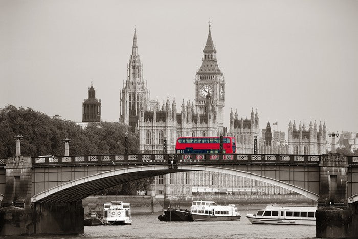 Red bus on the bridge