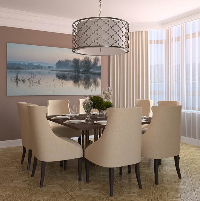 Sunrise glow over misty lake