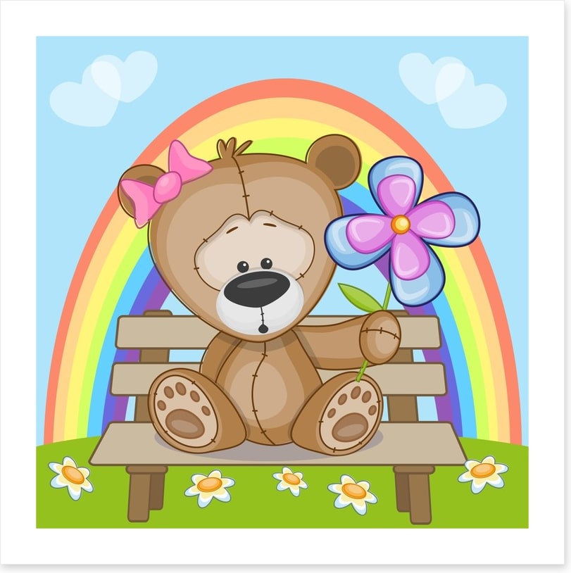 Bear with flowers and rainbow