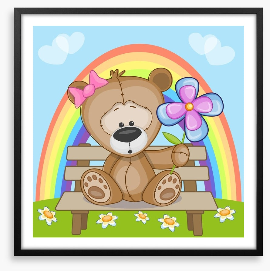 Bear with flowers and rainbow