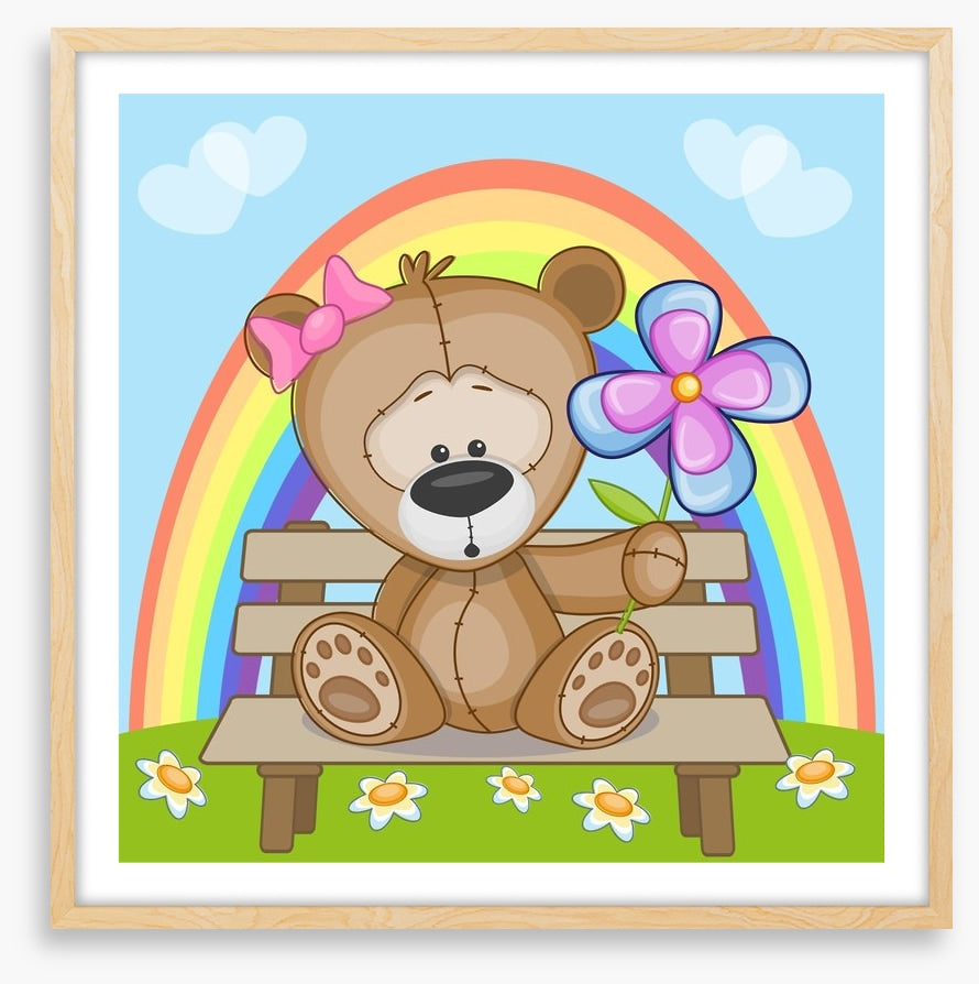 Bear with flowers and rainbow