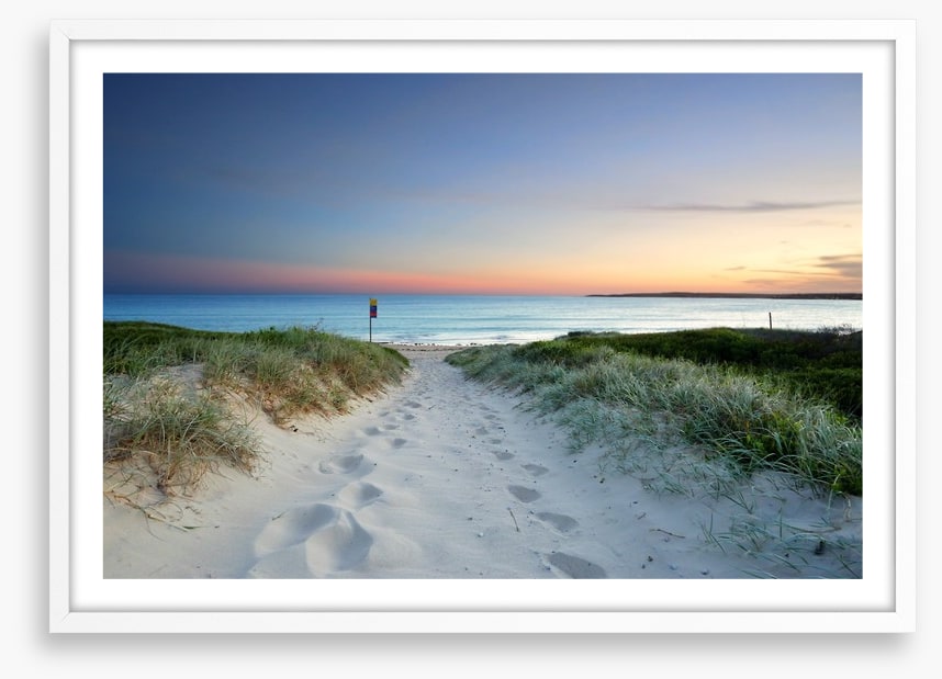 Sandy beach trail at sundown