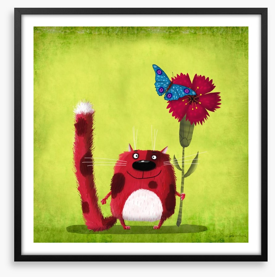 Red cat with cornflower