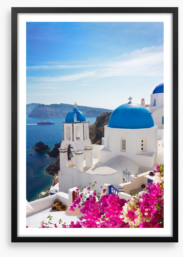 Blue domes and blossom, Santorini