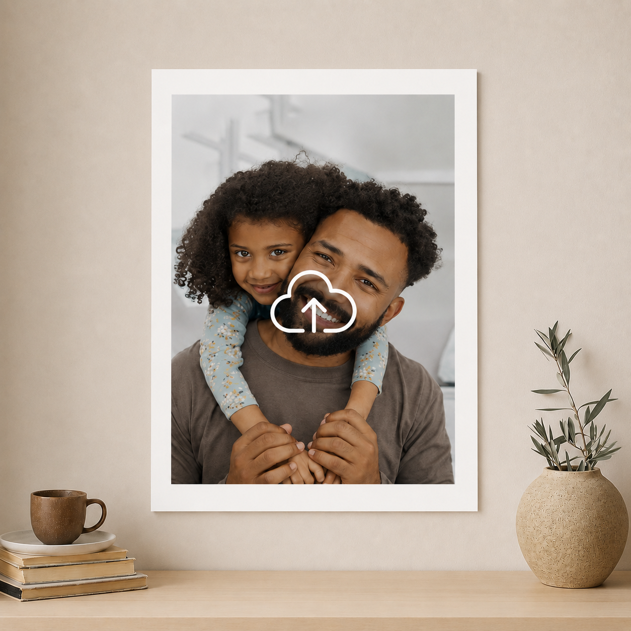 poster print with dad and child with cup and upload cloud