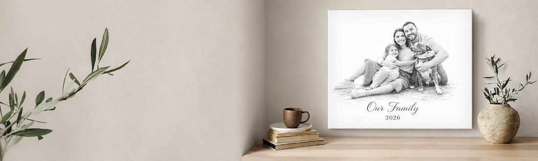 Black and White Family Portrait canvas hanging on wall