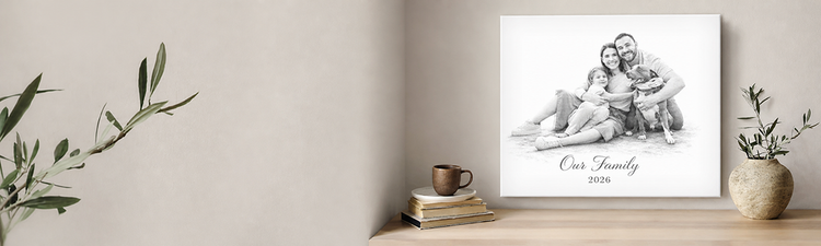 Black and White Family Portrait canvas hanging on wall