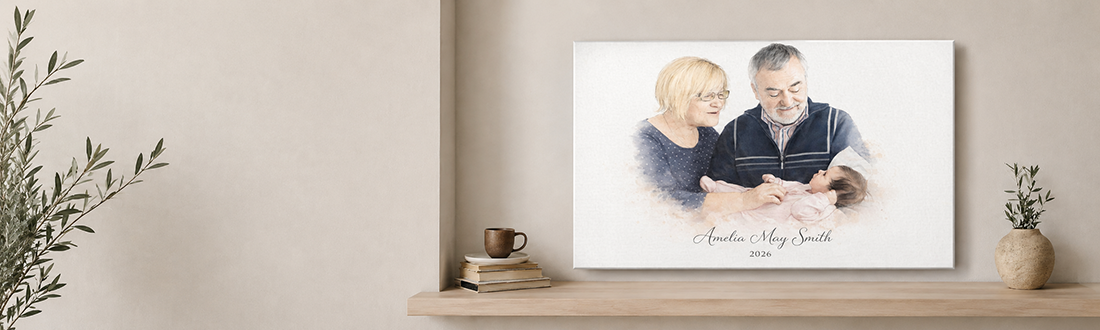 Gift Canvas hanging on wall with grandparents and grandchild picture