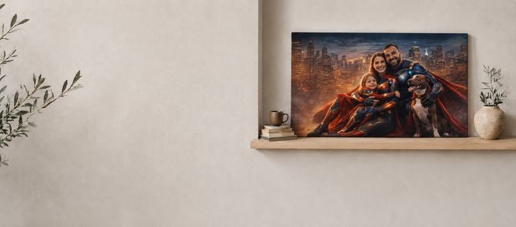 Family superhero canvas print on a shelf
