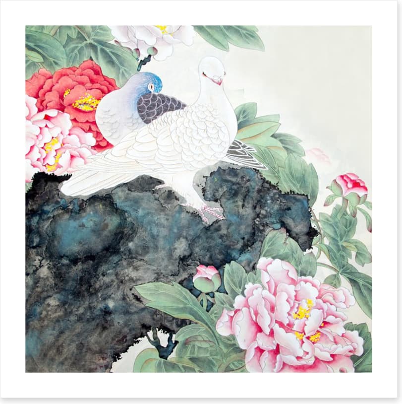 Two peony birds