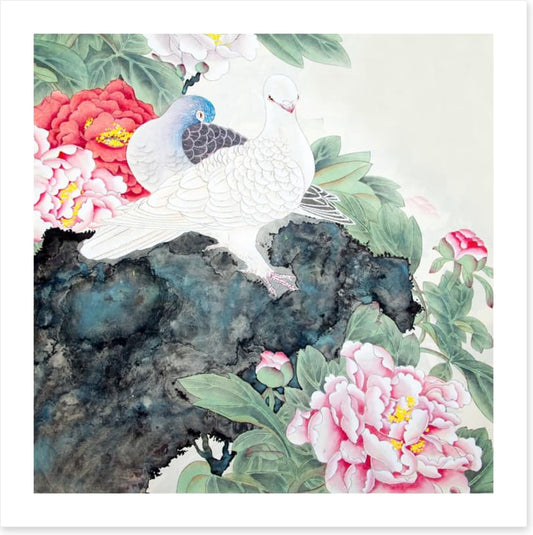 Two peony birds