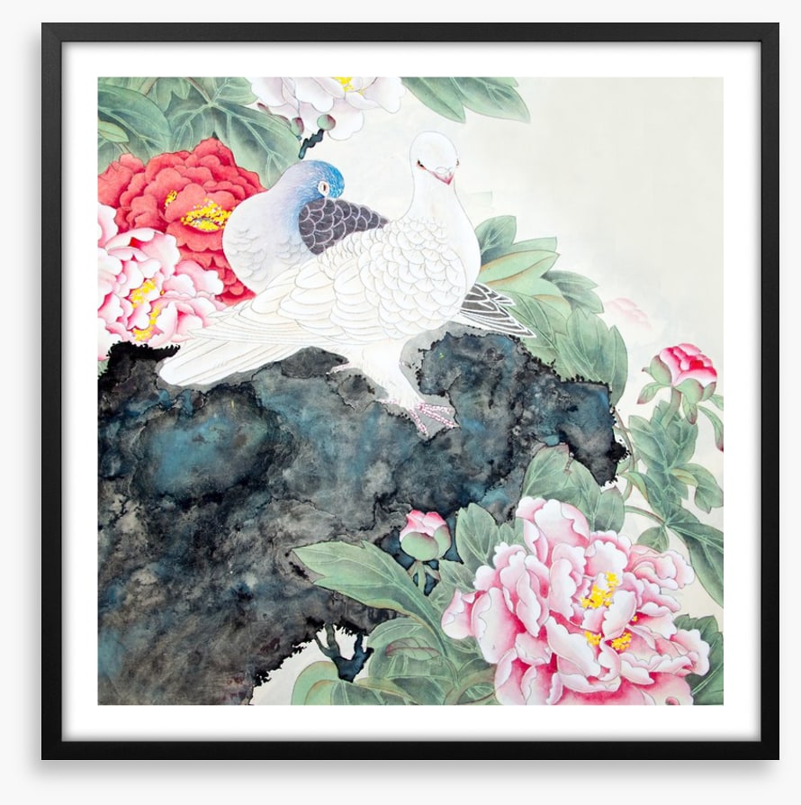 Two peony birds