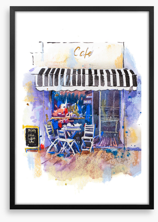 Under the striped awning
