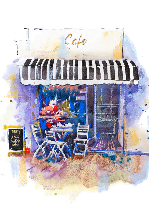 Under the striped awning
