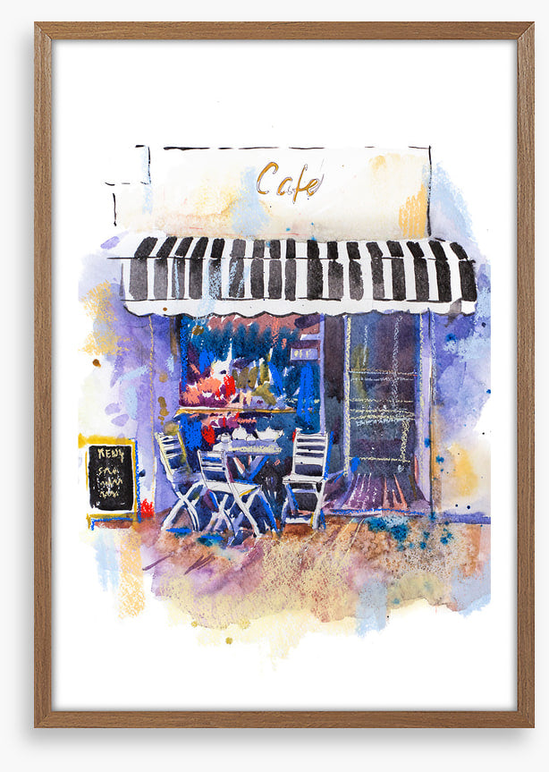 Under the striped awning