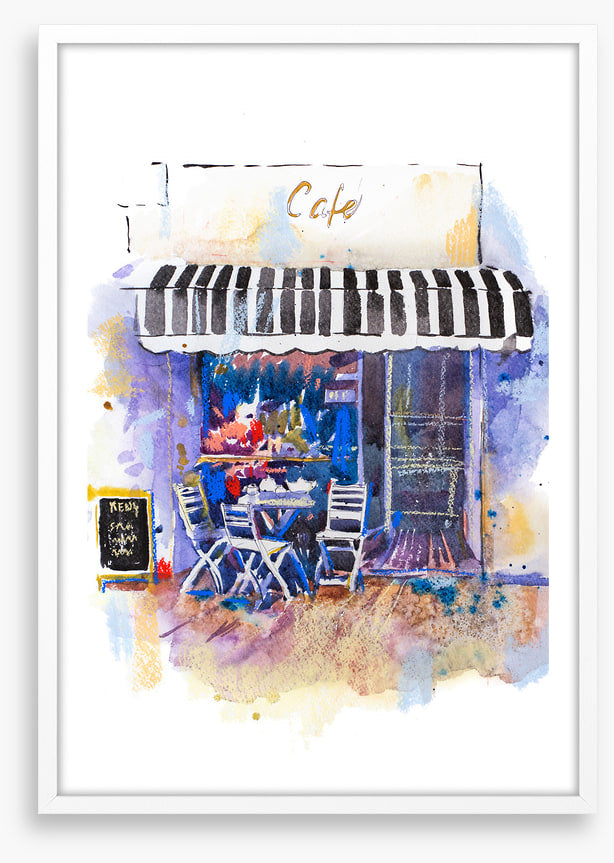 Under the striped awning