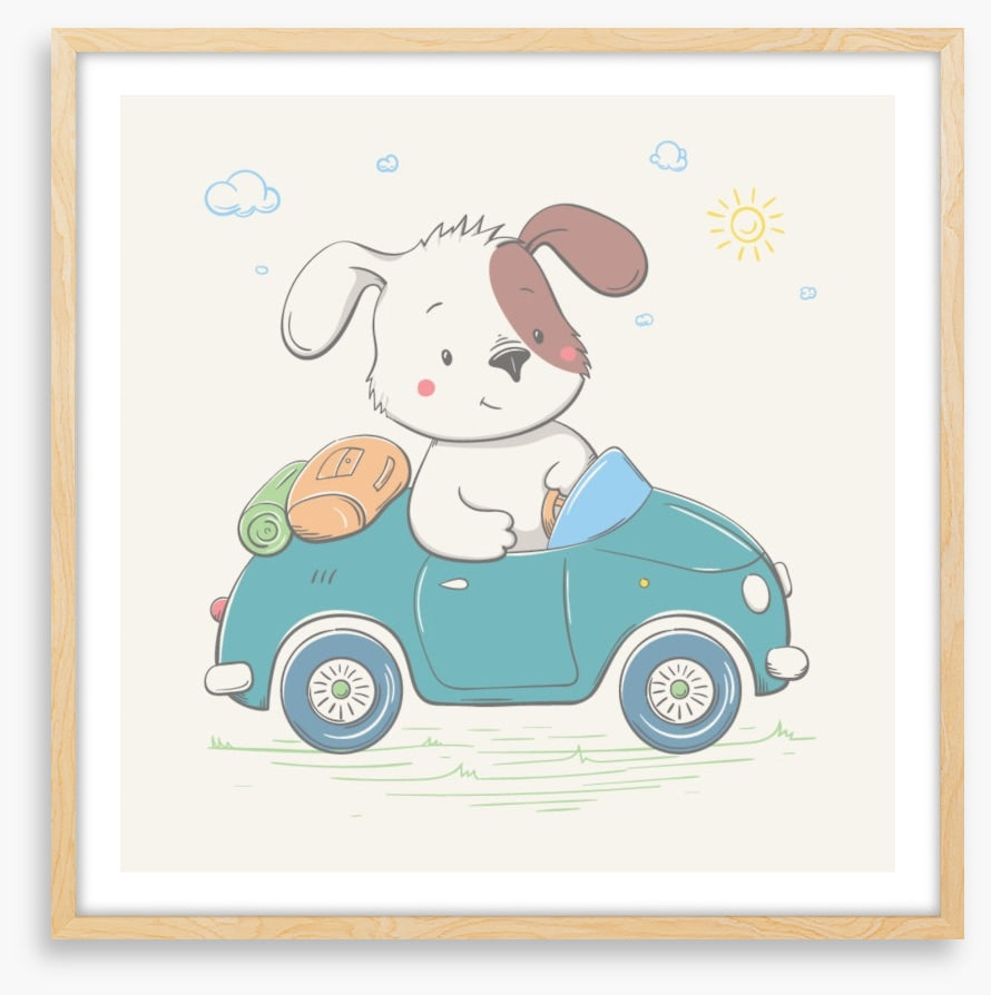 Puppy drives the car