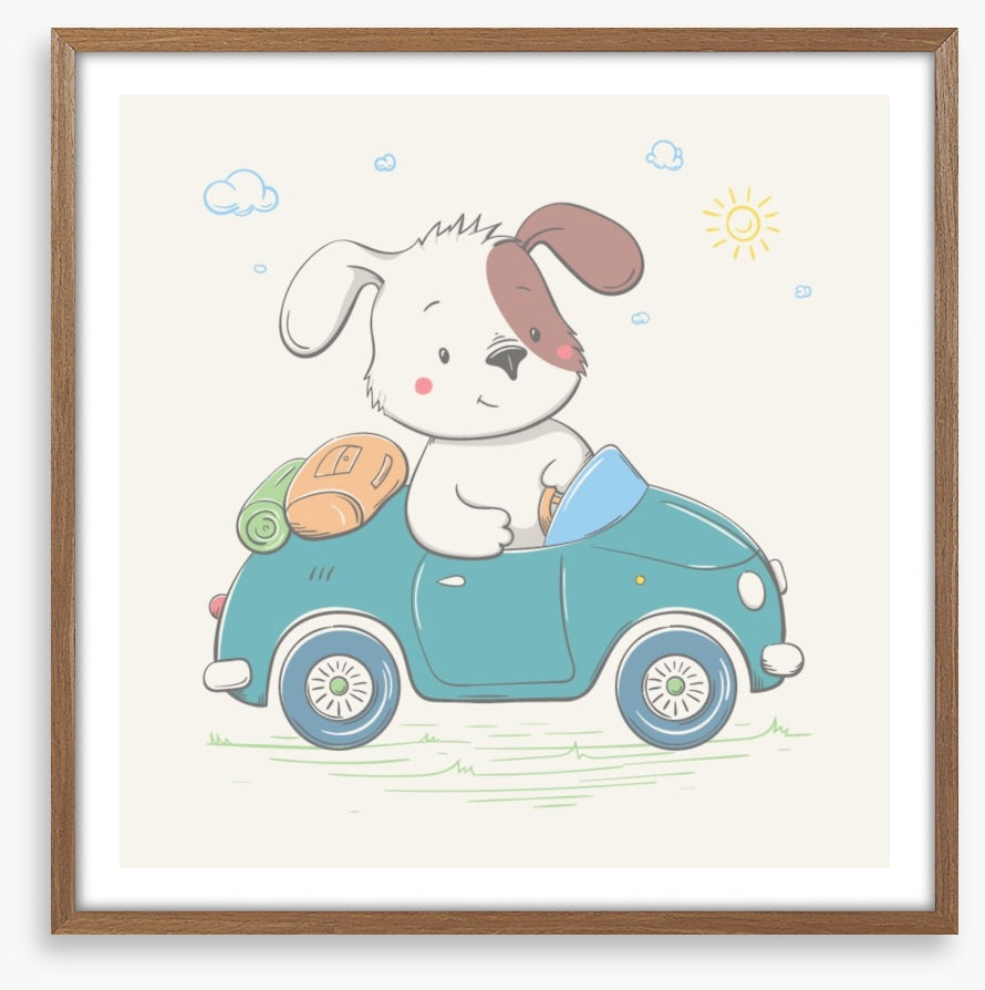 Puppy drives the car