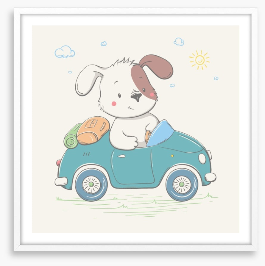 Puppy drives the car