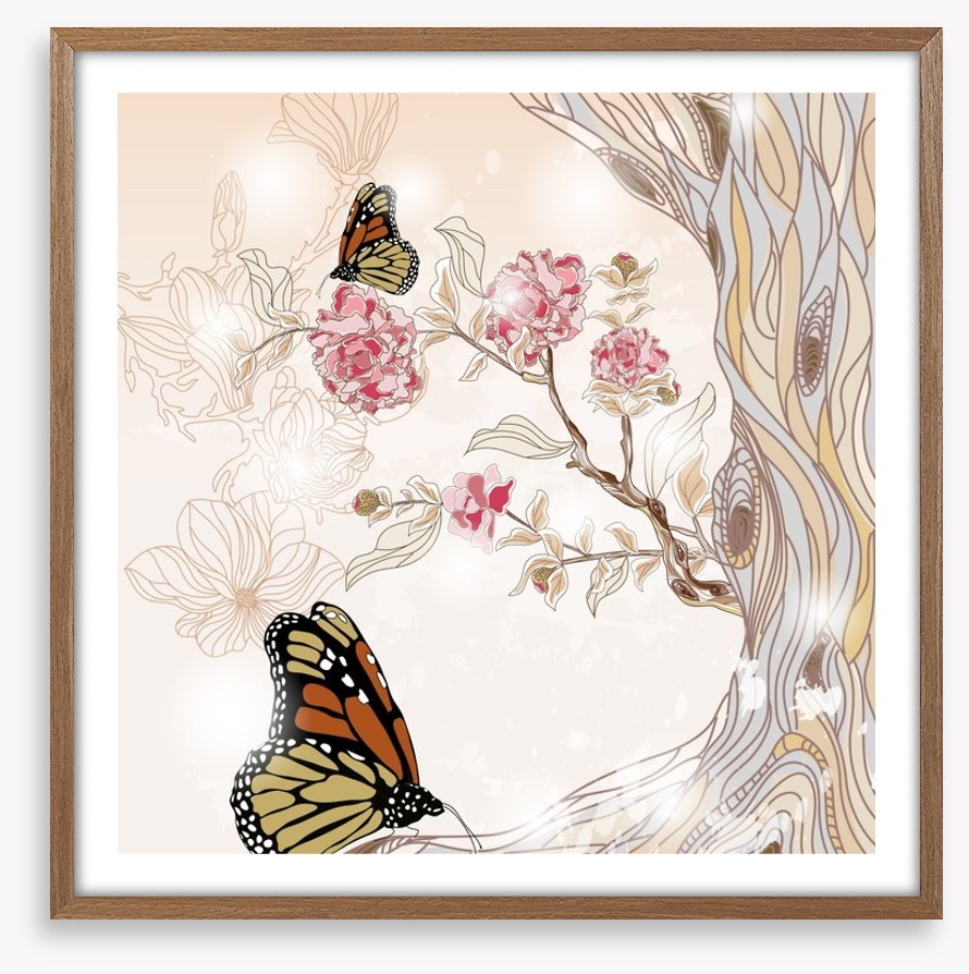 Peony branch and butterflies