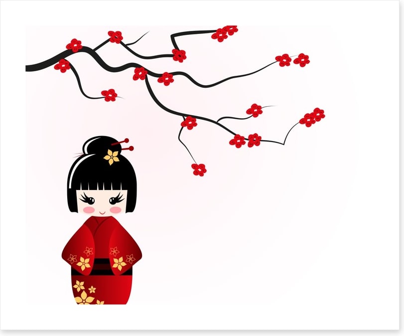 Kokeshi doll under sakura branch