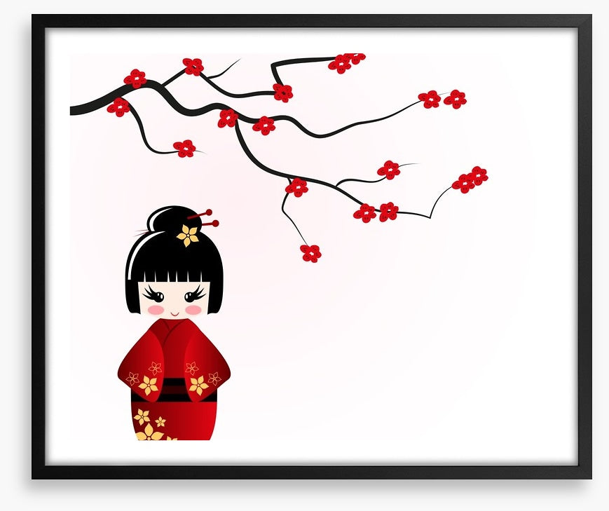 Kokeshi doll under sakura branch
