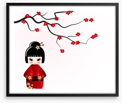 Kokeshi doll under sakura branch