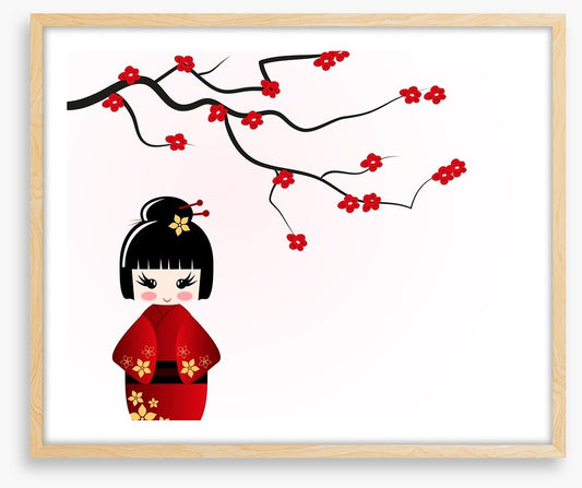 Kokeshi doll under sakura branch