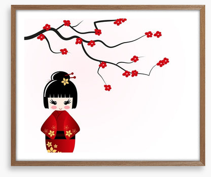 Kokeshi doll under sakura branch