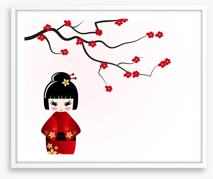 Kokeshi doll under sakura branch