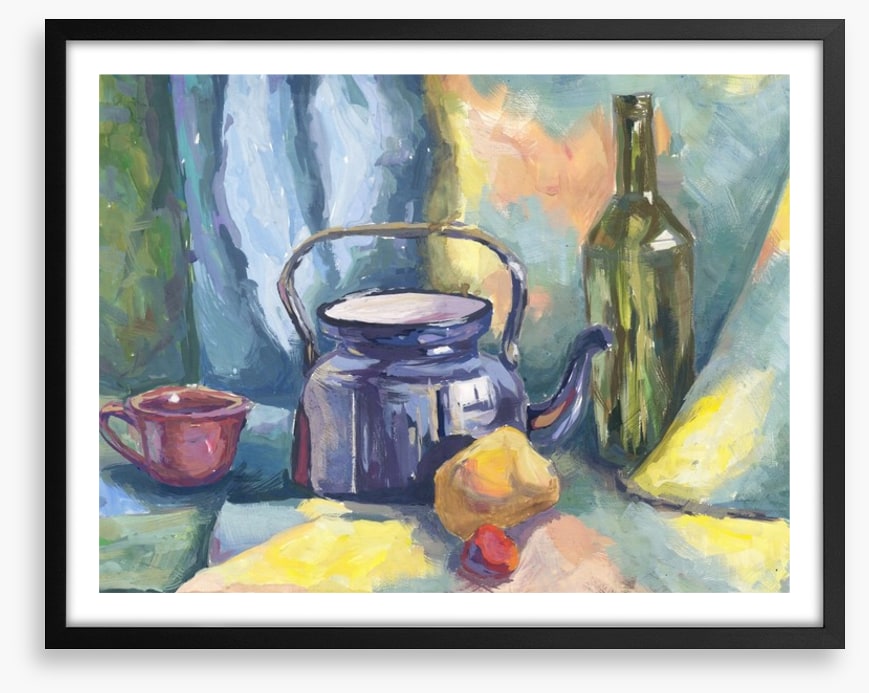Still life with teapot and bottle