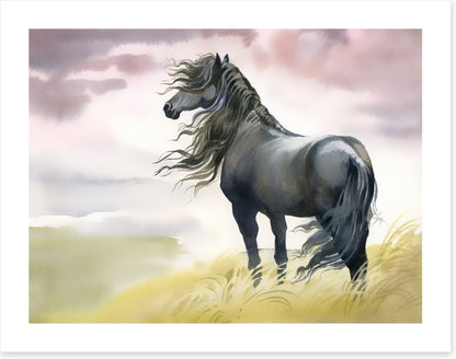 Black horse in the breeze