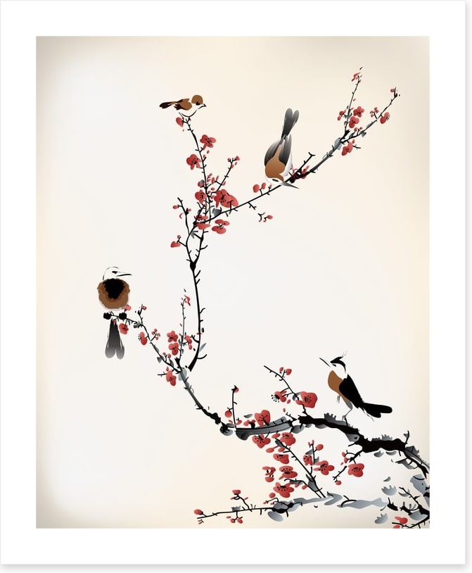 Red blossom birds