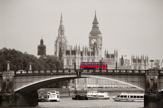 Red bus on the bridge
