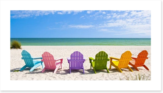 Rainbow chairs on a sunny beach