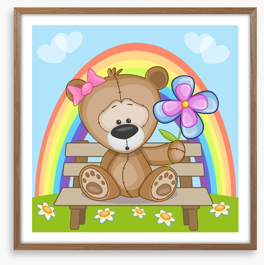 Bear with flowers and rainbow