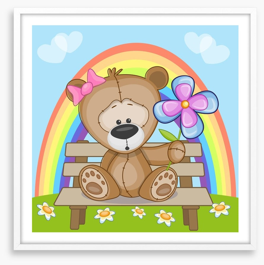 Bear with flowers and rainbow