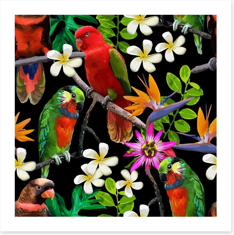 Exotic birds and frangipani