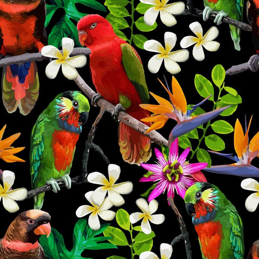 Exotic birds and frangipani