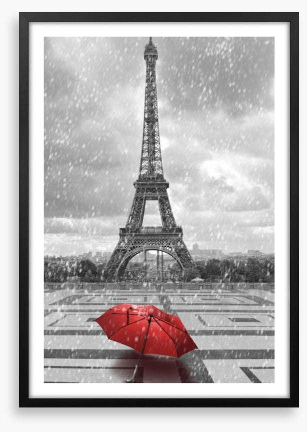 Red umbrella in the Parisian rain