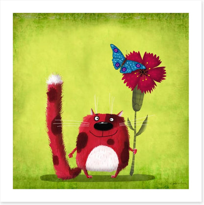 Red cat with cornflower