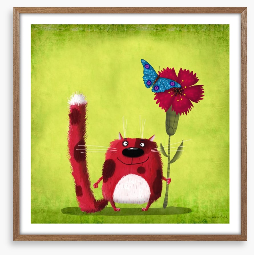 Red cat with cornflower