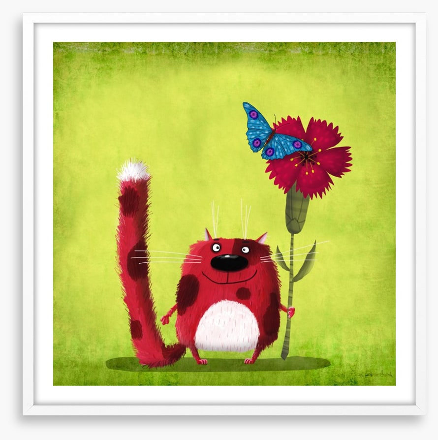 Red cat with cornflower