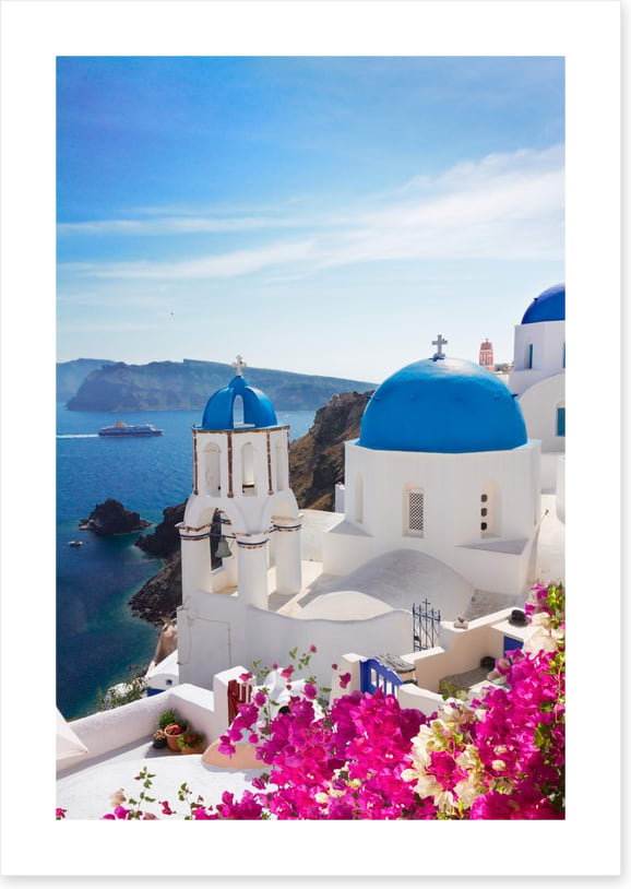Blue domes and blossom, Santorini